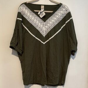 Olive Green V-Neck Top with White Lace